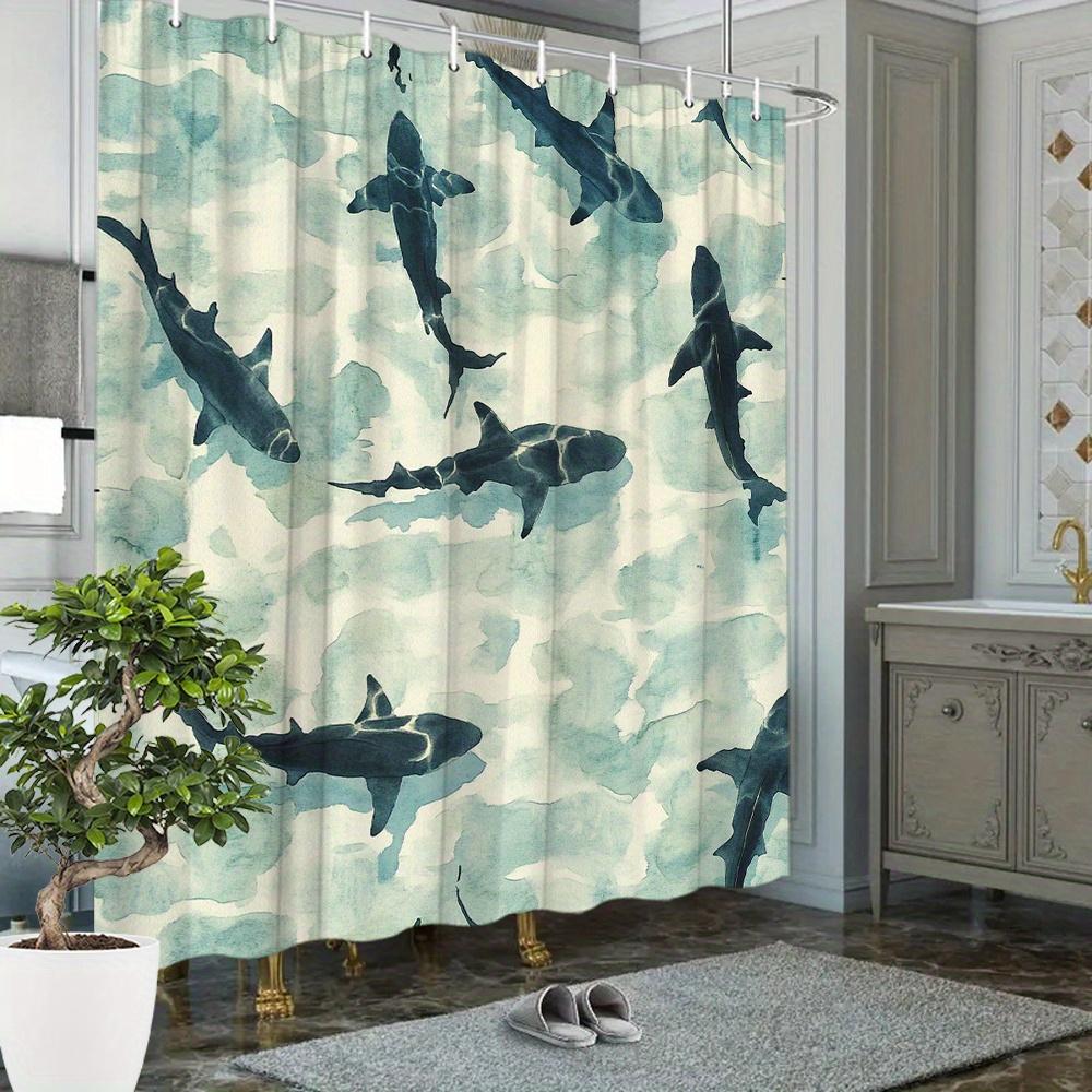 Shark Watercolor Shower Curtain 1pc – Swimming Sharks in Turquoise Ocean, Marine Art Bath Curtain for Bold Home Decor