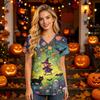 Women V Neck Short Sleeve Halloween Print Scrub Top with Pockets for Healthcare Work Uniforms Comfortable Fit