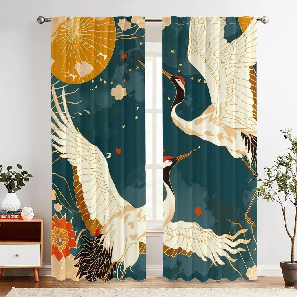 Light Blocking Chinese Art Xianhe Lianhua Curtains Matte Polyester Drapes Cranes Floral Design Curtain Set Of 2 Vintage Made With Rod Pocket Washable