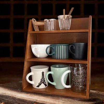Mug Display Rack for Countertop Wood Stand 3 Tier Rectangle Wooden Riser Shelf