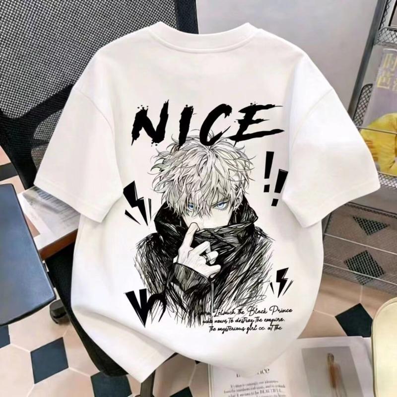 100% Cotton T-Shirt Men’s Short-Sleeve Summer Japanese-Style Instagram-Ready High-Street Anime Character Print Youth Tee L