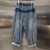 Talla Grande 300 Libras Modernos Pantalones Harem de Verano para Hombre de Mezclilla con Rayas Verticales Cintura Elástica Nueve Puntos