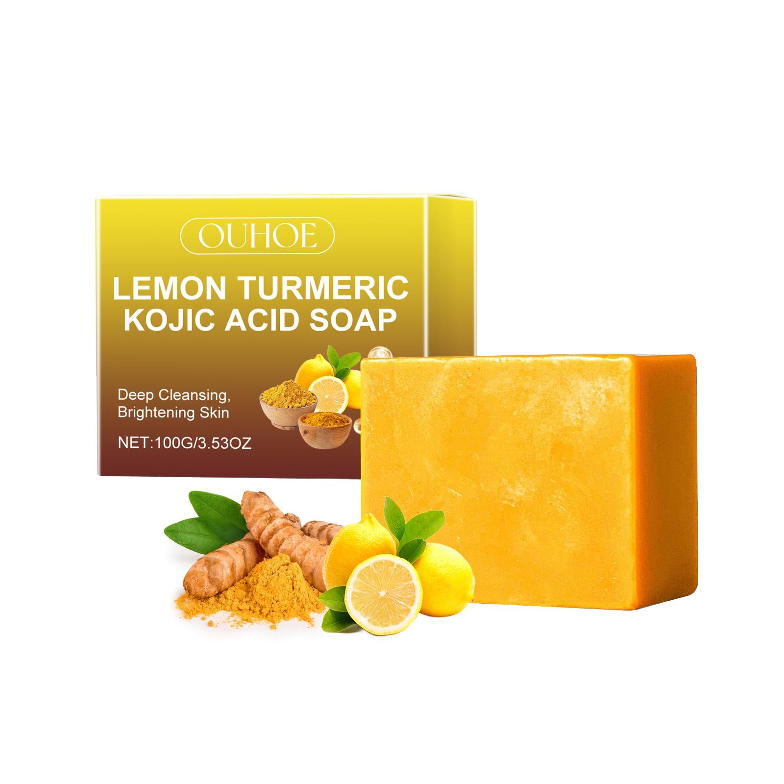 OUHOE Lemon Turmeric Kojic Acid Soap Facial Body Universal Cleansing Soap Softening Keratin Daily Softening Skin Care Bath Soap 100g