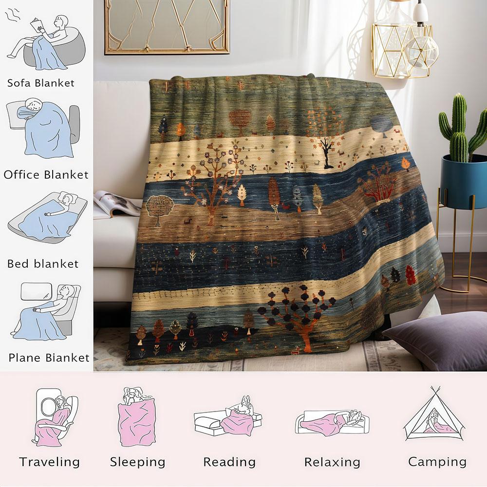 Retro Folk Mountain Forest Printed Blanket Suitable for Sofas Beds Offices Travel Camping Chairs Warm Plush Blanket