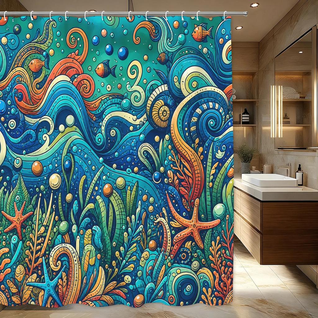 Vibrant Ocean & Tropical Themed Polyester Bathtub Curtain - Artistic Printed Shower Curtain for Bathroom Decor