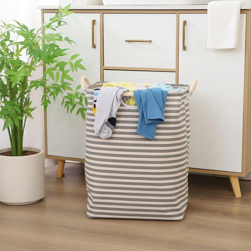 Cotton Linen Laundry Basket Foldable Storage Hamper with Waterproof Lined Wooden Handles for Bedroom Bathroom Laundry Room Home