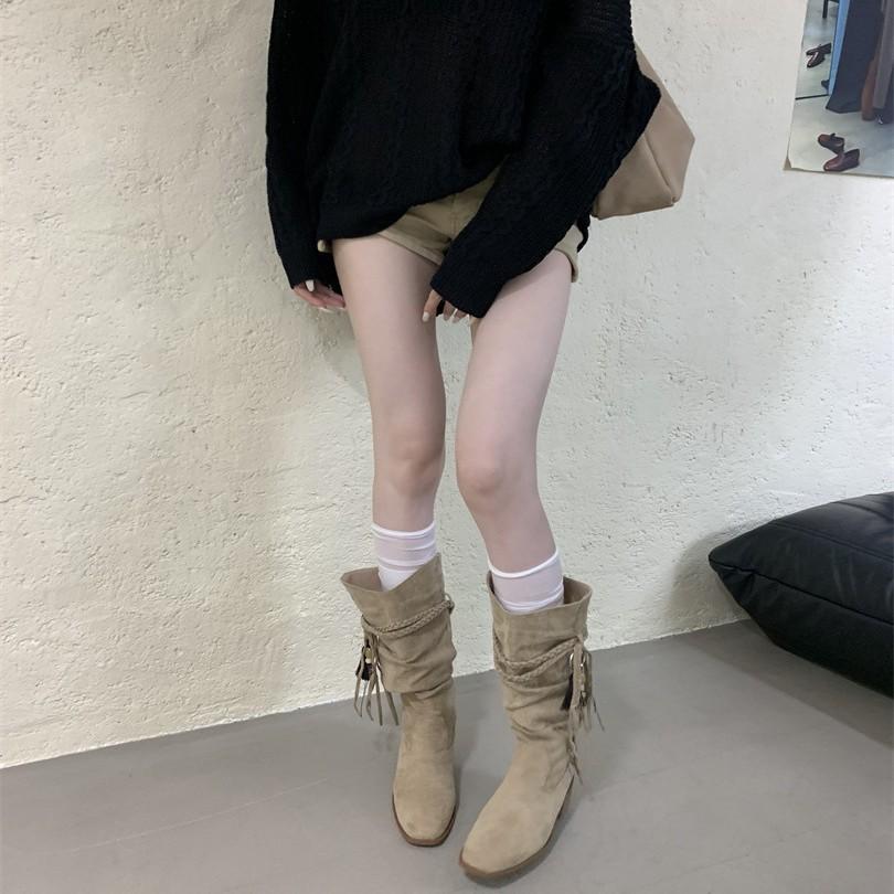 Vintage woven fringed thick heel tall boots 2025 autumn and winter thin pointed western cowboy boots stacking boots