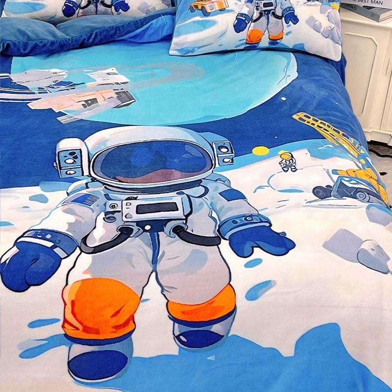Thickened Milk Fleece Four-Piece Set, Fleece Astronaut Flange Coral Fleece Children'S Bed Sheet Quilt Cover Three-Piece Set Men