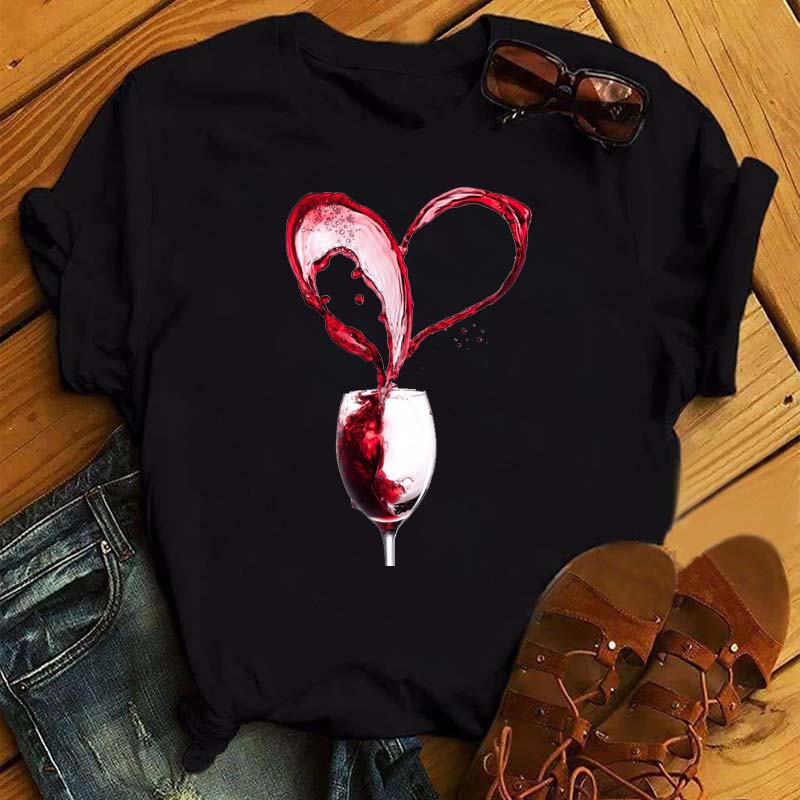 New Women T-Shirt Casual Short Sleeve T Shirt Women's Fashion Rose Red Wine Glass Printed Black T-Shirt Female Tops Tees