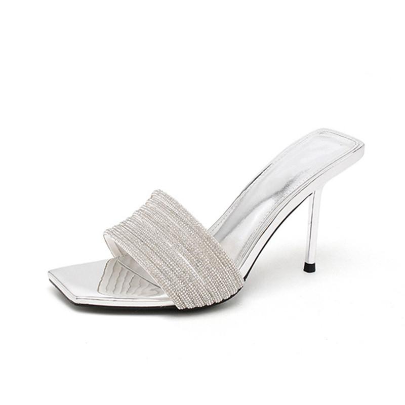 Fashion Bling Bling Luxury Crystal Square Toe Women Slippers Sandals Fashion Narrow Band Stiletto High Heels Mules Slides Modern Shoes