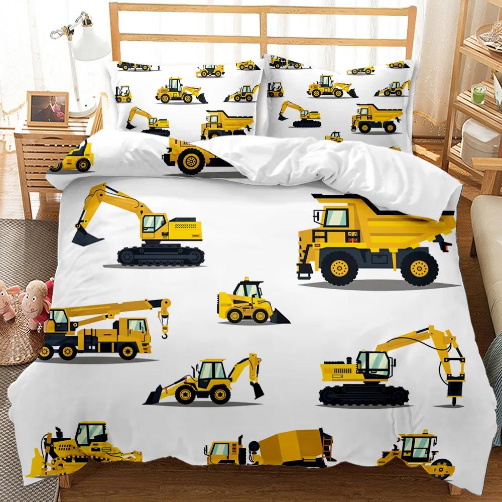 Engineering Car Duvet Cover Construction Vehicle Bedding Set Boys Excavator Dump Truck Cement Mixer Roller Polyester Qulit Cover
