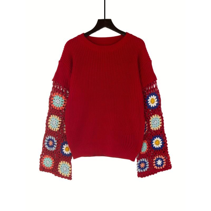 Høst og Vinter Dame Strikk Blussermermer Håndlaget Hul Blandet Farge Heklet Genser Rund Hals Pullover Topper