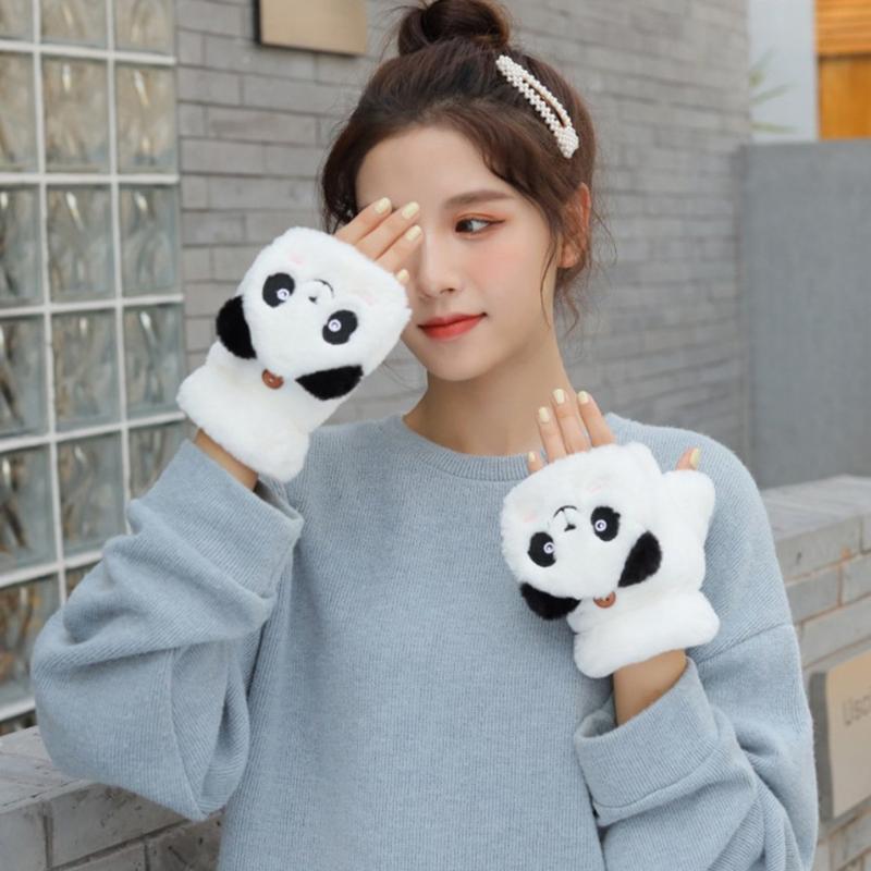 Winter Warme Handschuhe Flauschige Tier-Fäustlinge Plüsch-Panda Halbfingerhandschuhe mit Klappdeckel Warme Handschuhe für Kaltes Wetter