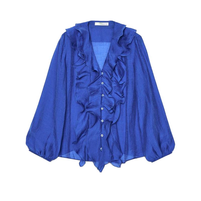 

Spring and Summer New Women clothes French style Lyocell Blended Laminated Decoration V-neck Long sleeve Shirts Top 9479046 Iron Blue L