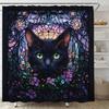 Black Cat Shower Curtain Stained Glass Funny Kitty Floral Abstract Art Gothic Style Halloween Fabric Bathroom Decor Set
