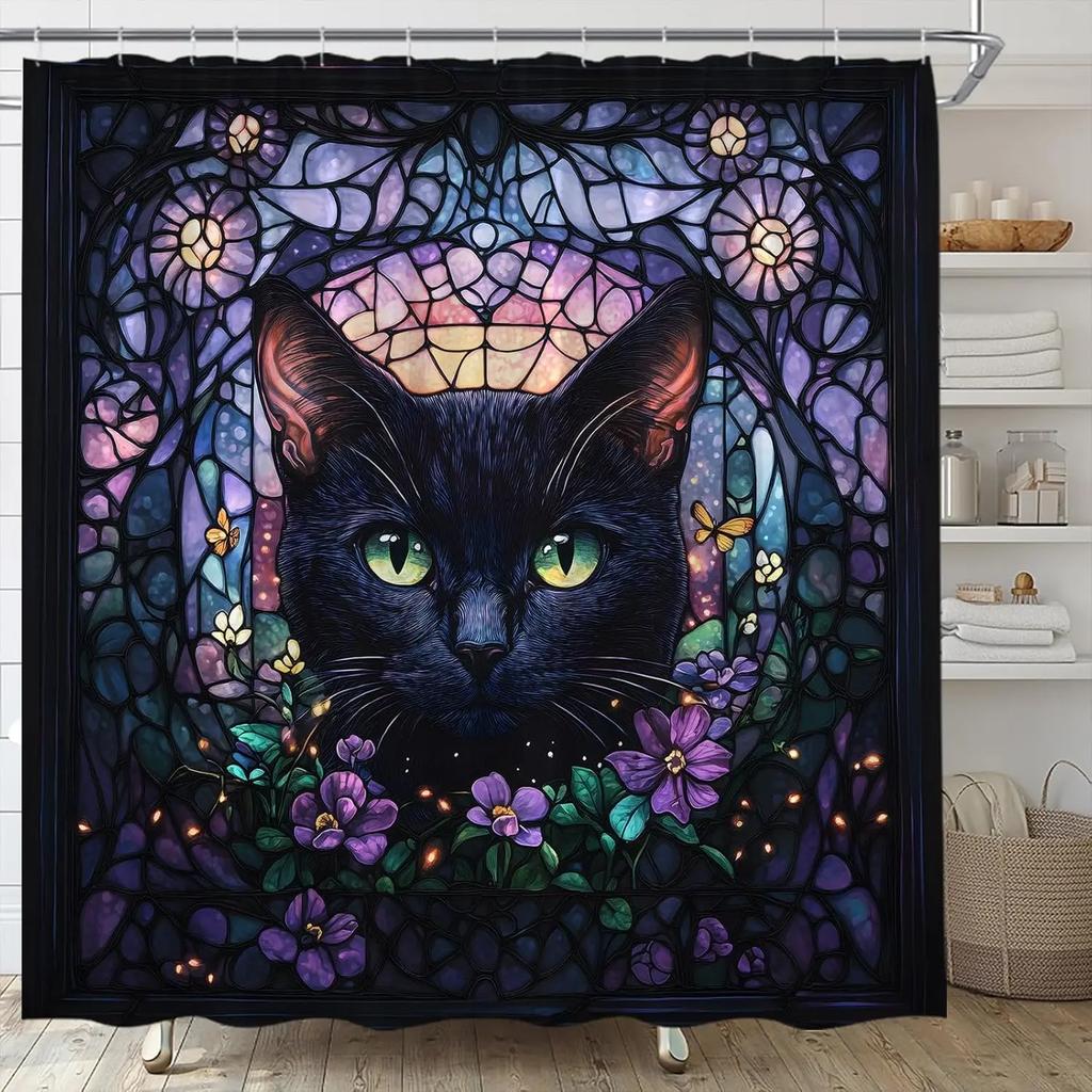 Black Cat Shower Curtain Stained Glass Funny Kitty Floral Abstract Art Gothic Style Halloween Fabric Bathroom Decor Set