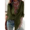 Women Blouses Breathable Cotton Shirts Soft Loose Office Tops Long Sleeve Roll Up Stand Collar Button Up