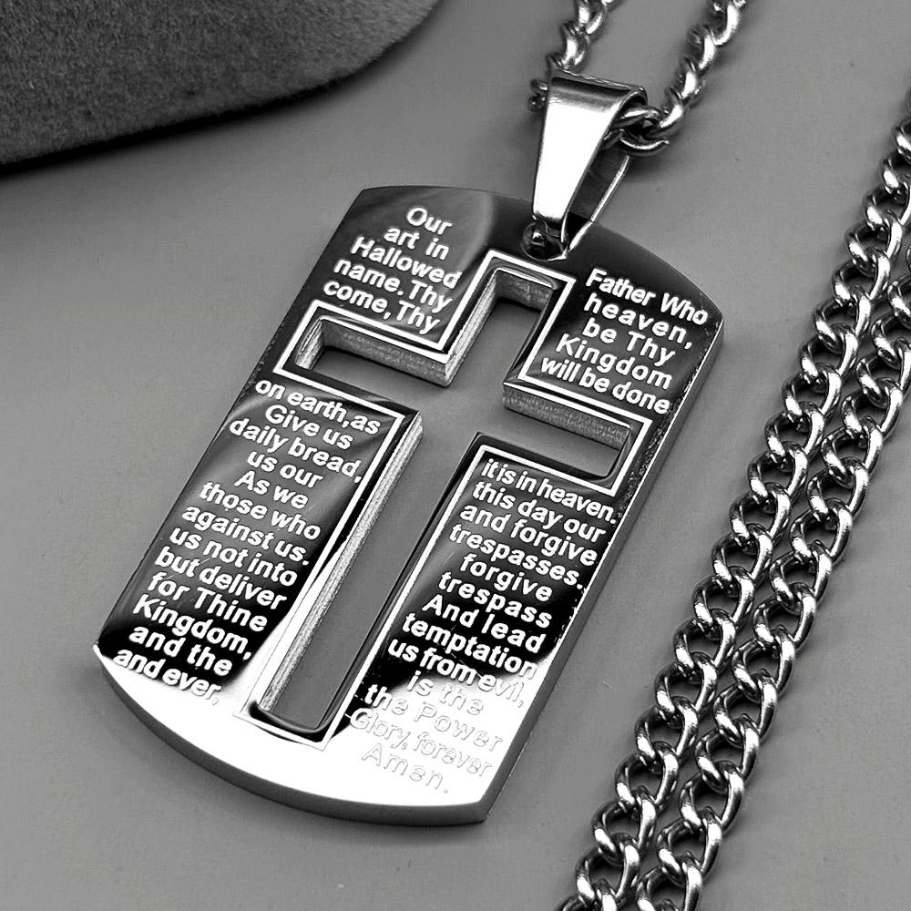 Christian Bible Cross Dog Tag Chain Necklace for Men Stainless Steel Pendant Necklace Religious Lord's Prayer Jesus Jewelry