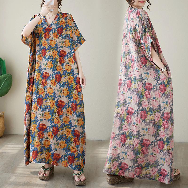 2024 Summer V-Neck Cotton & Linen Loose Retro Beach Dress for Women - Plus Size, Slimming, Long Robe Style