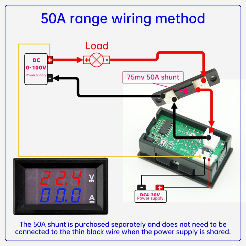 DC 0-100V 50A Digital Voltmeter Ammeter Dual Display Voltage Detector Current Meter Panel Amp Volt Gauge Red Blue LED DC4-28.0V