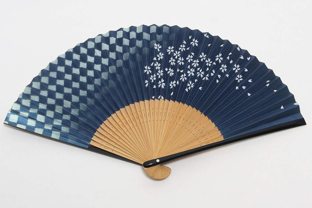 Folding Fan with Fan Gift Box Made in Japan Cherry [Hasegawa] Women's Case, Included, (Ichimatsu Blossom/Navy)