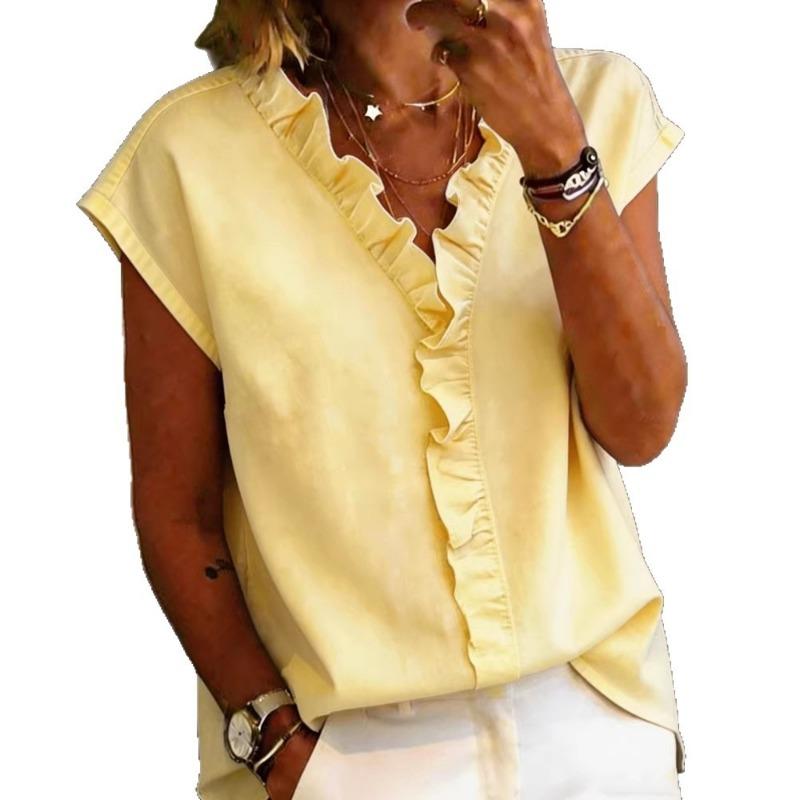 Summer New Temperament Women's Simple Short-sleeved Fungus Solid Color V-neck T-shirt Top