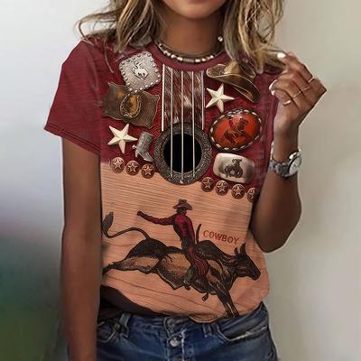 Camisetas Femininas de Verão com Estampa de Cowboy Vintage, Novas, Casuais, de Manga Curta, Pulôver, Gola O, Tops Soltos, Camisetas Oversized, Roupas Femininas
