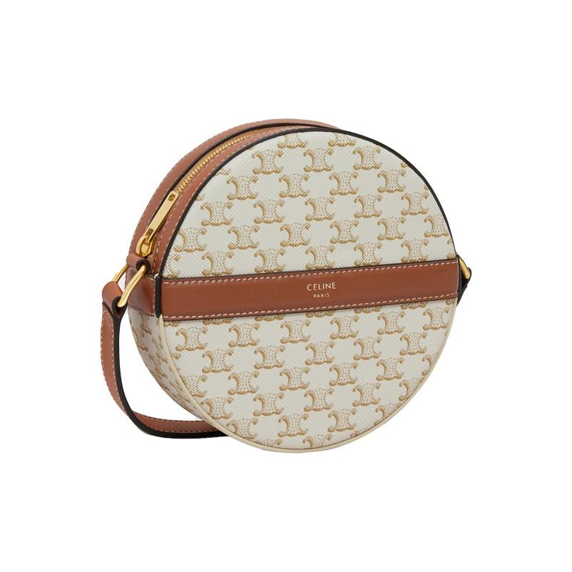Celine Triomphe Classic Monogram Print Zipper Closure Canvas And Lambskin Round Bag Women Shoulder Bag White 10G342CAM-01TA