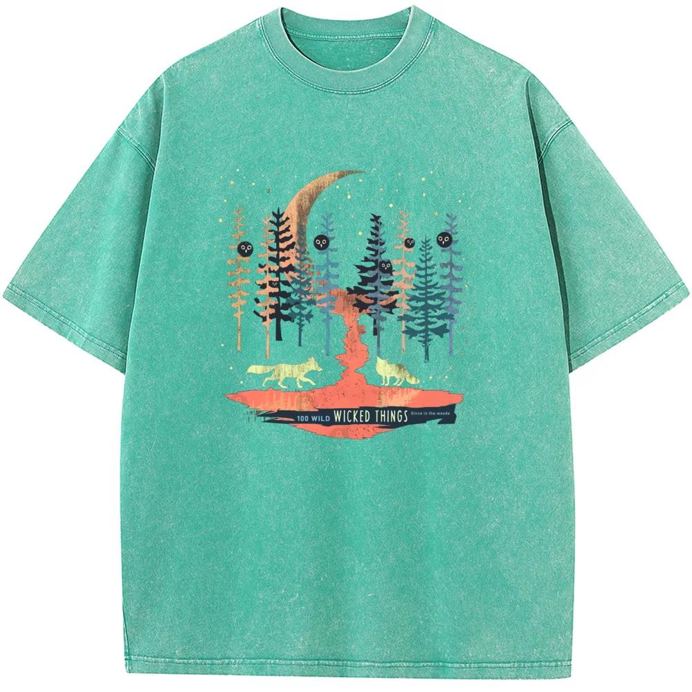 Camiseta Unisex Lavada Floresta Novidade Algodão Verão Gola O Descolorida Camiseta Engraçada Casual Solta Bleach Tops Tee