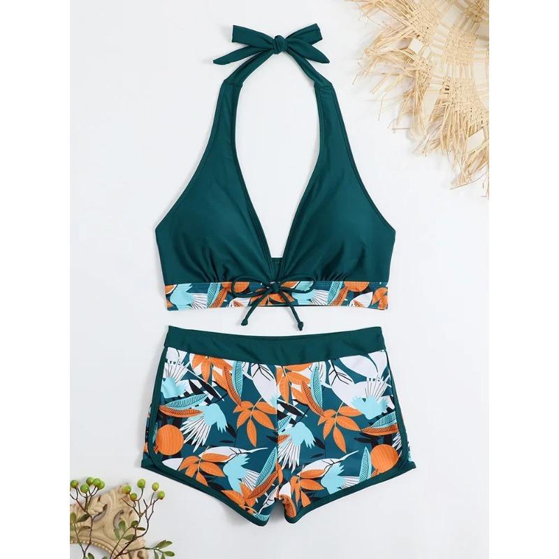Fashion Printed Swimsuit Women Spliced Lace Up Sporty Surfing Bikini Set Bathing Suit Beachwear Swimwear Female Swimming Suits