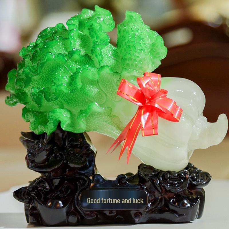 Large Jade Cabbage Ornament with Golden Toad - Living Room, Entrance & Wine Cabinet Decoration Gift
