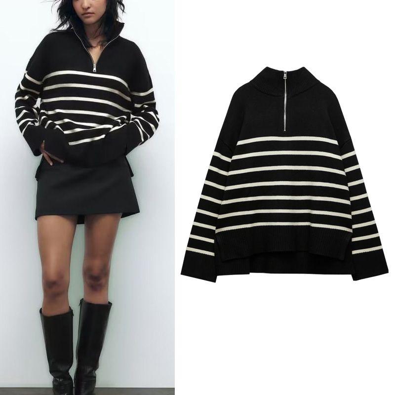 Autumn New Stand Collar Long Sleeve Contrast Color Striped Pullover