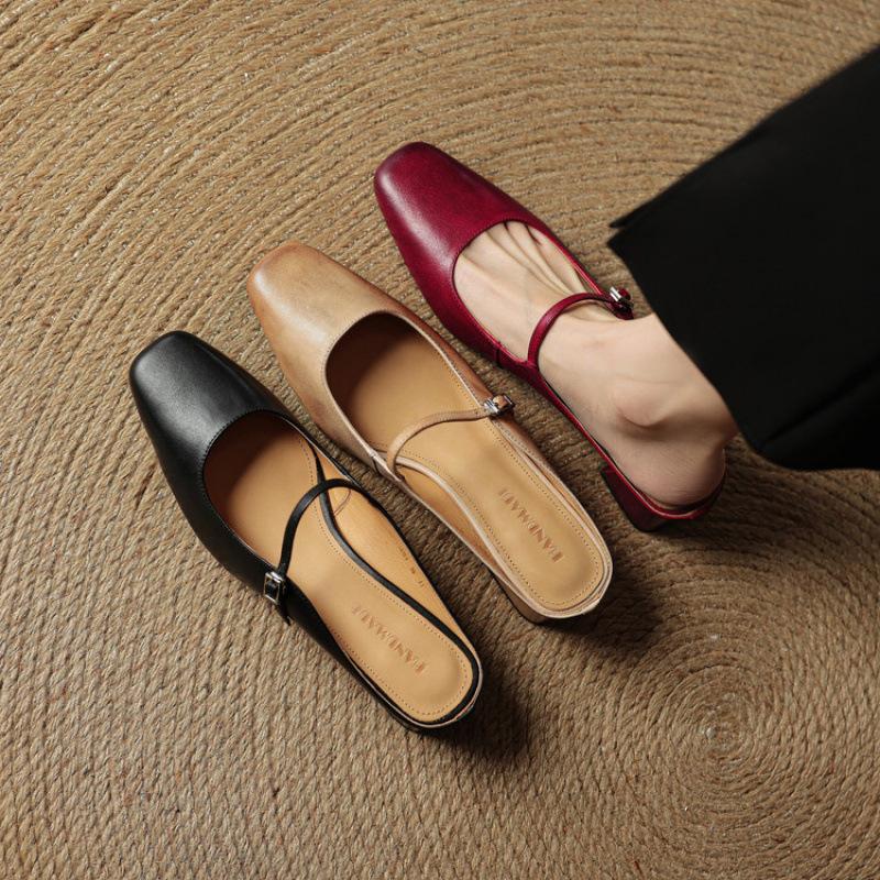 Summer women's high-heeled slippers new bag head slippers leather square head one pedal casual solid color large size cool slippers