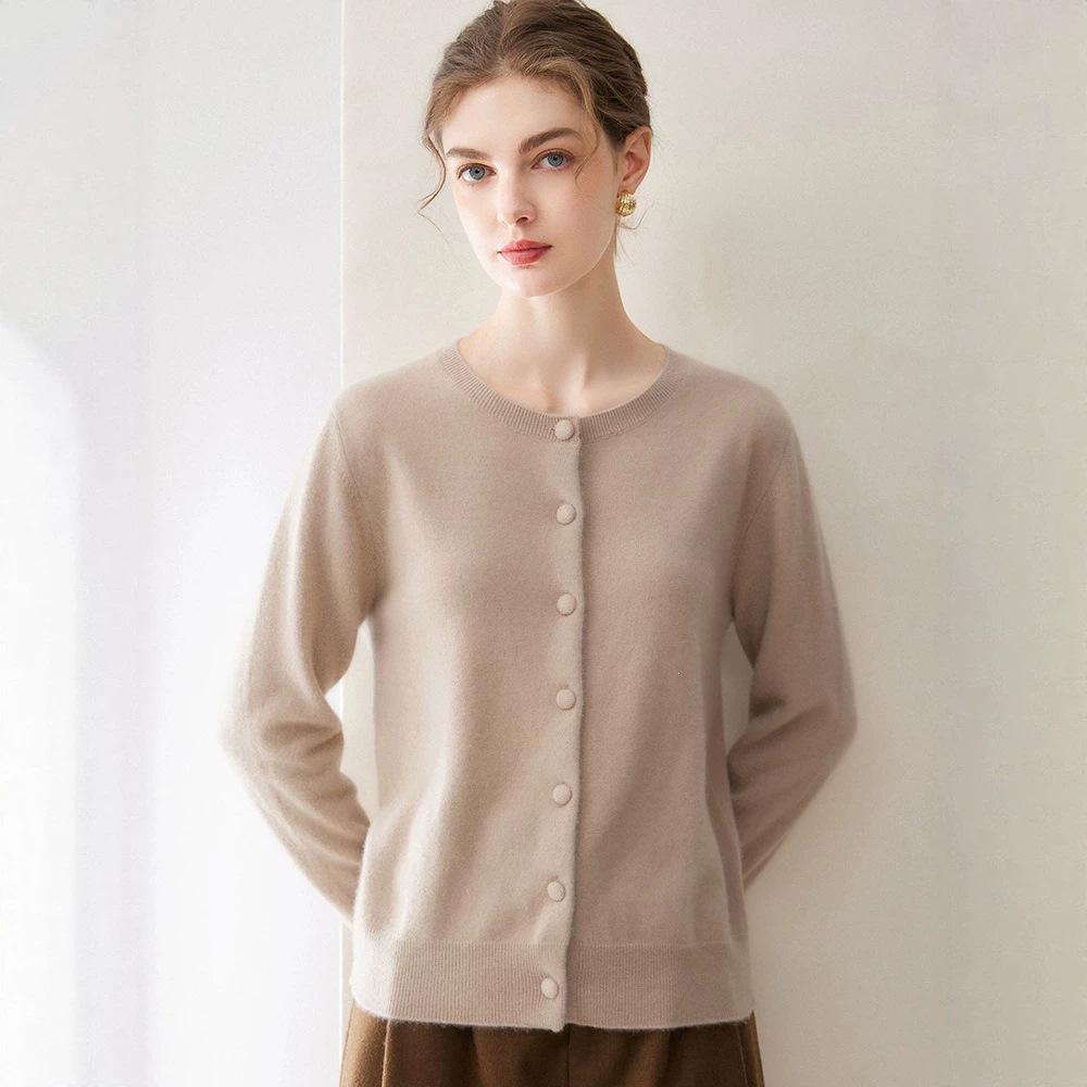 Kangsai Ni Women's 100% Pure Cashmere Round Neck Cardigan - Autumn/Winter Knit Sweater Jacket