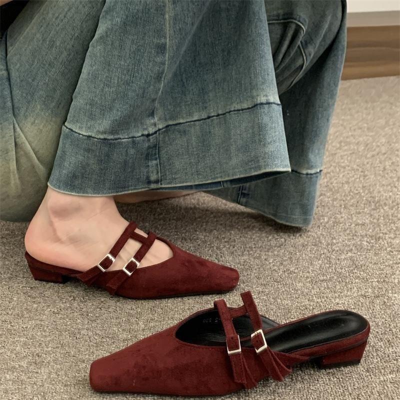 Suede bag head thick heel muller shoes summer half slippers wear cool slippers leopard print slippers half tray