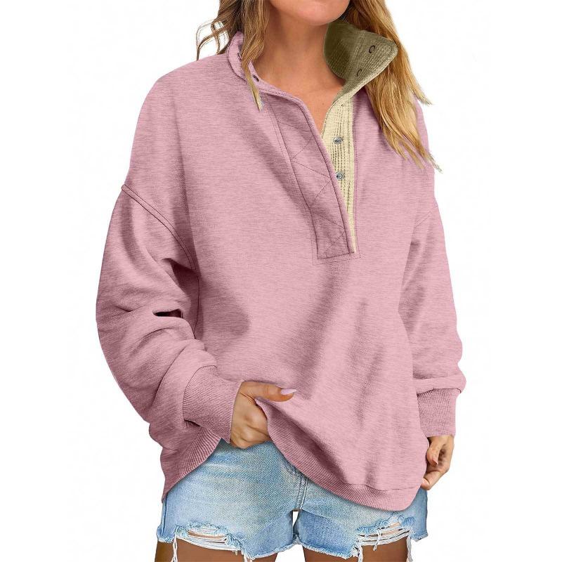 Women European Style Casual Loose Button V Neck Long Sleeve Pullover Sweatshirt