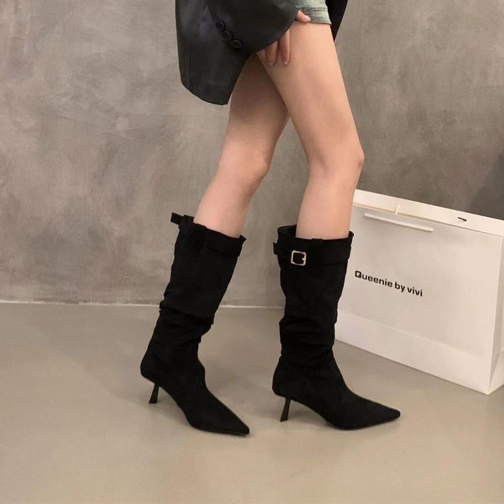 Boots Women  New Fashion Pleated Women's Knee-high High Heel Ladies Pointed Knight Boots High Quality Knee High Boots D468