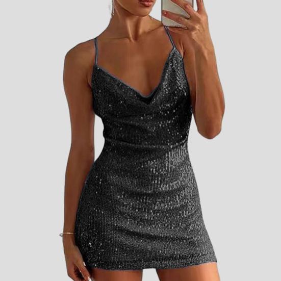 Damenkleid mit V-Ausschnitt, Spaghettiträger, glänzende Pailletten, rückenfrei, weich, ärmellos, schmale Passform, über dem Knie, Länge, Party, Club, Minikleid