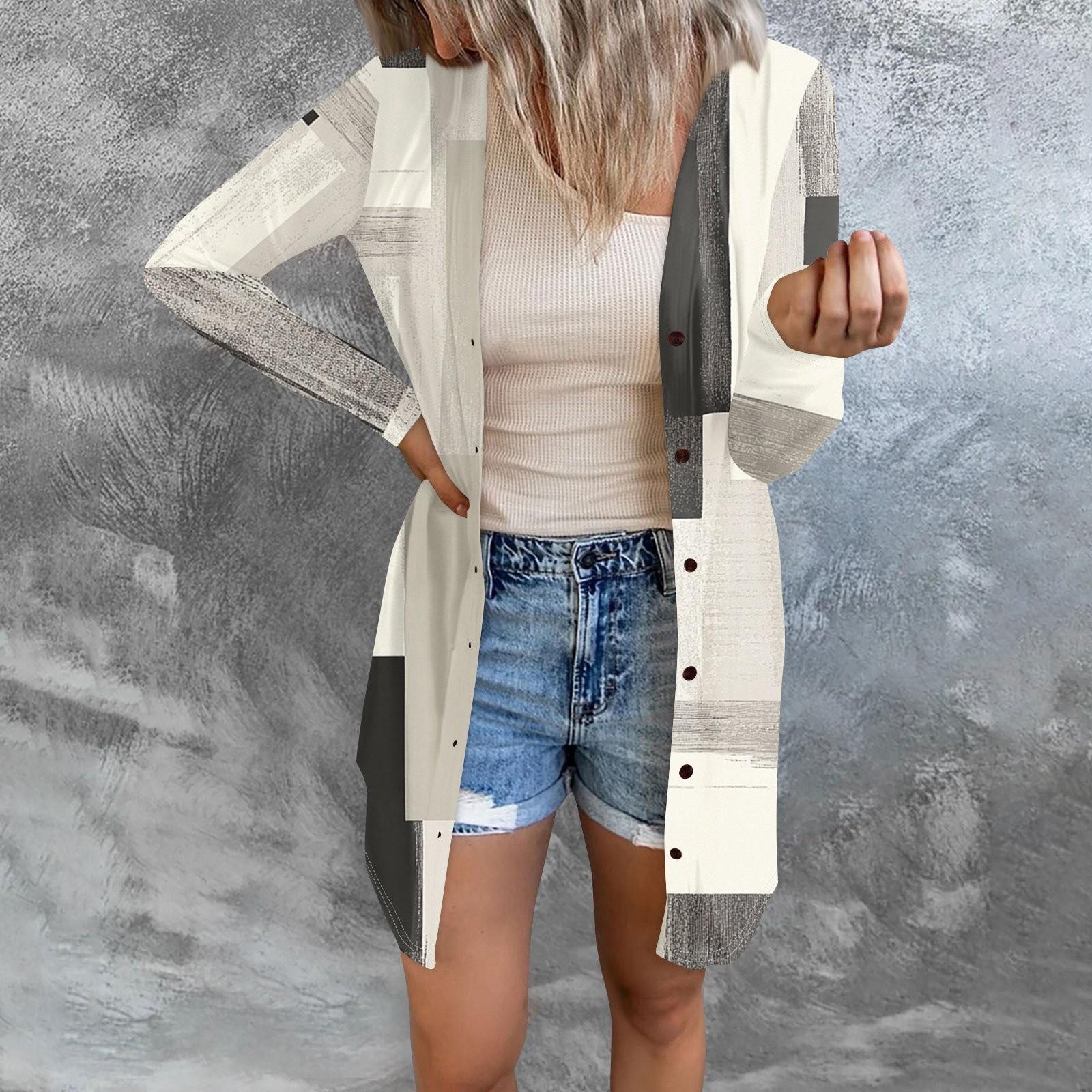 

Женская модная повседневная куртка с длинными рукавами и принтом средней длины, кардиган на пуговицах, пальто S