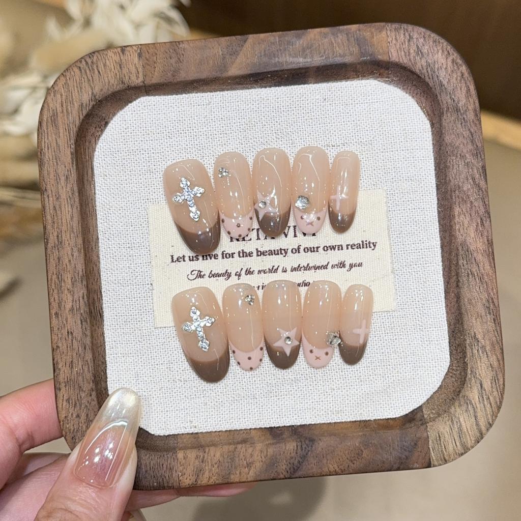 French Hand-painted Star Polka Dots Pure Hand-worn Nail Cross Whitening Advanced Sense Nail Patch Fake Nails