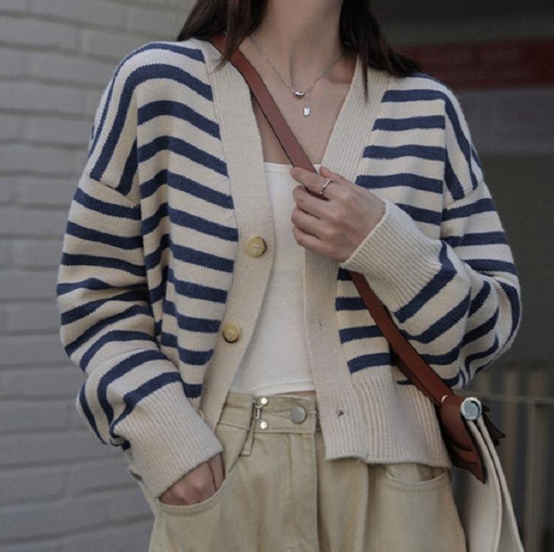 Korean Style Striped V-Neck Chic Knit Cardigan Sweater for Women