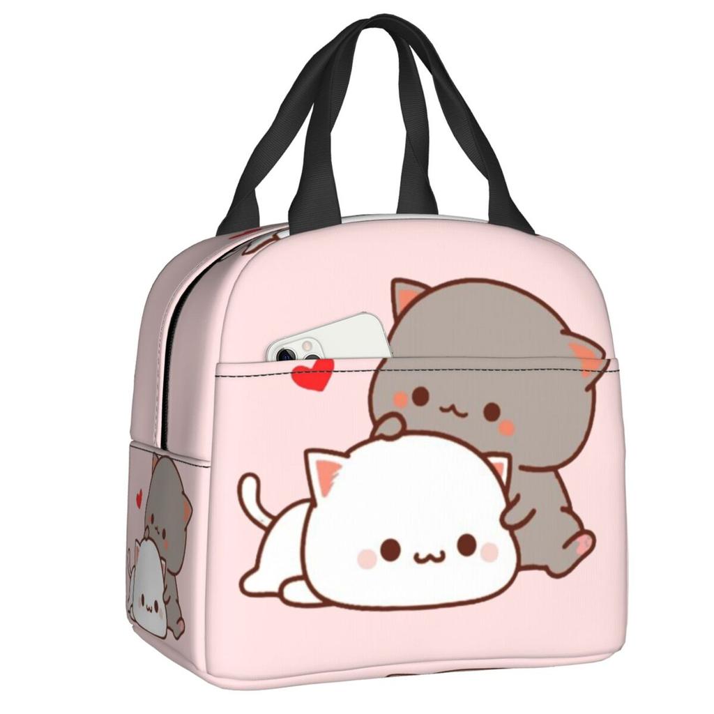 Custom Peach And Goma Mochi Cat Cuddling Thermal Insulated Lunch Bags Women Resuable Lunch Tote for School Storage Food Box