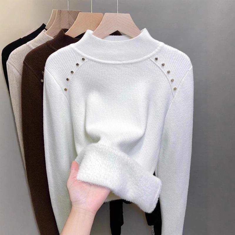 Autumn and Winter Warm Fleece Thickened Integrated Fleece Sweater Women's Bottoming Shirt New Semi-turtleneck with Knitted Top