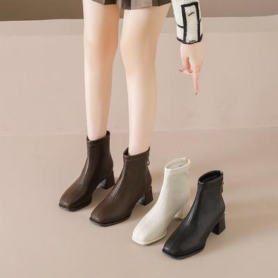 Square Head Thick Heel Short Boots Women's High Heel Martin Boots 2026 Autumn and Winter New Rear Zipper Temperament Elastic Thin Fashion Boots