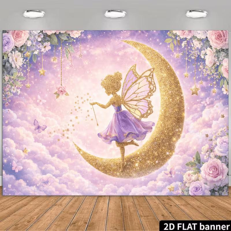 

2D Magical Fairy Moon Backdrop Pink Purple Floral Photography Background 47.2x31.5inch/120*80cm