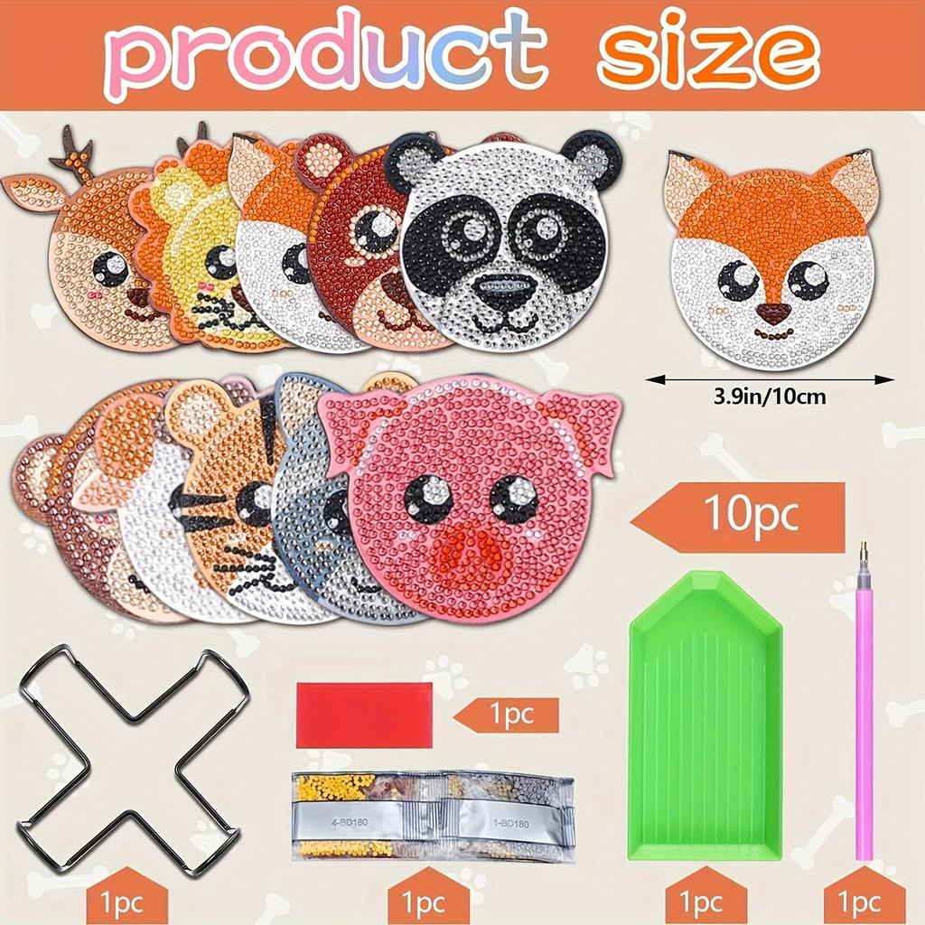 10 Cute Wildlife Diamond Painting Coasters Set, DIY Animal Diamond Painting Coasters, with Stand, Diamond Art Coasters for Beginners