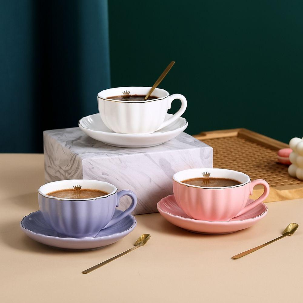 Ceramic Coffee Cup Spoon Plate Set Gold Trim Tea Cups Coffee Ware Afternoon Tea Set  Afternoon Tea