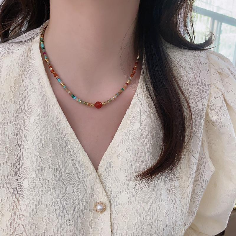Onyx Necklace, Colored Rough Stone Beaded Design Sense Accessories, Women'S New Chinese Style Retro Ethnic Style Collarbone Neck Chain