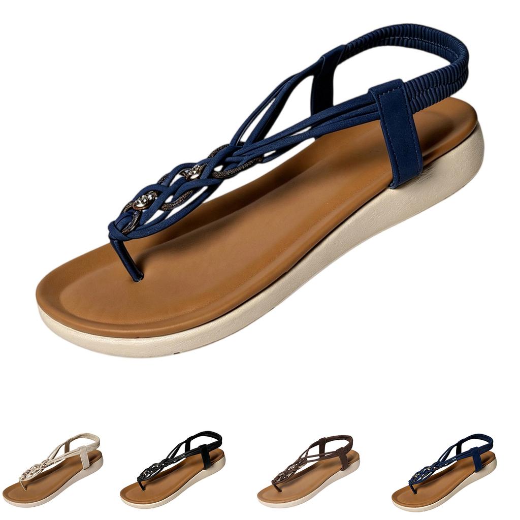 Women Summer Wedge Sandals Bohemian Style Beach Slip On Open Toe Elastic Back Strap Casual Footwear for Outdoor Use