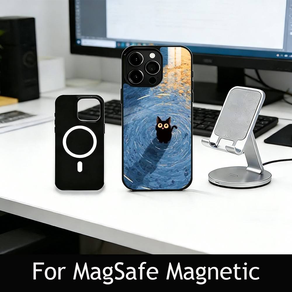 Cute Black Cat Illustration Phone Case For iPhone17,16,15,14,13,12,11 Plus,Pro Magnetic For Magsafe Wireless Charging